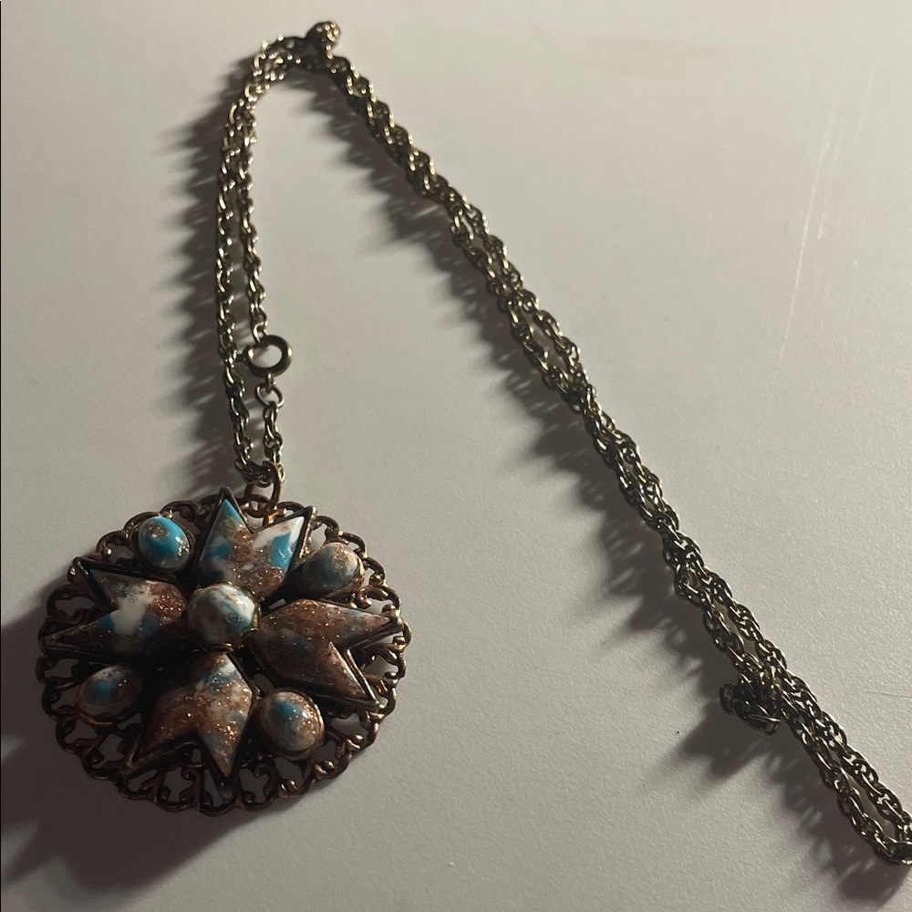 Gold-Tone Turquoise & Brown Floral Pendant Necklace